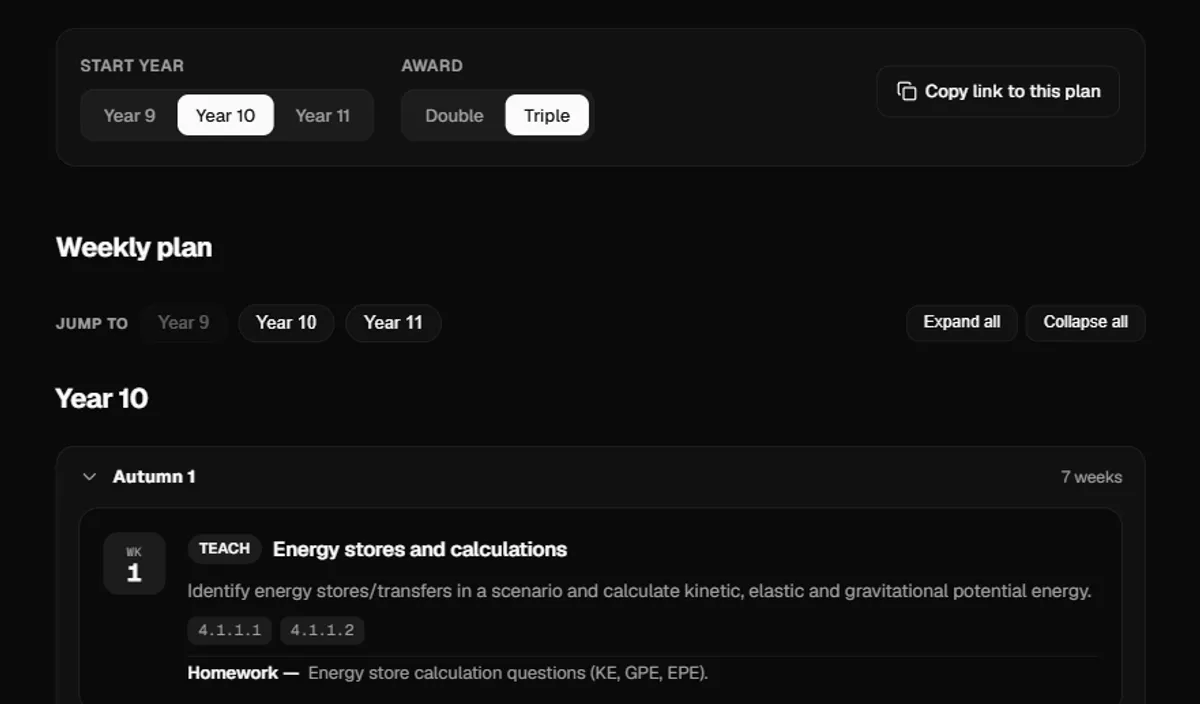 The GCSE Physics curriculum page showing the Year 10, Triple Science weekly lesson plan