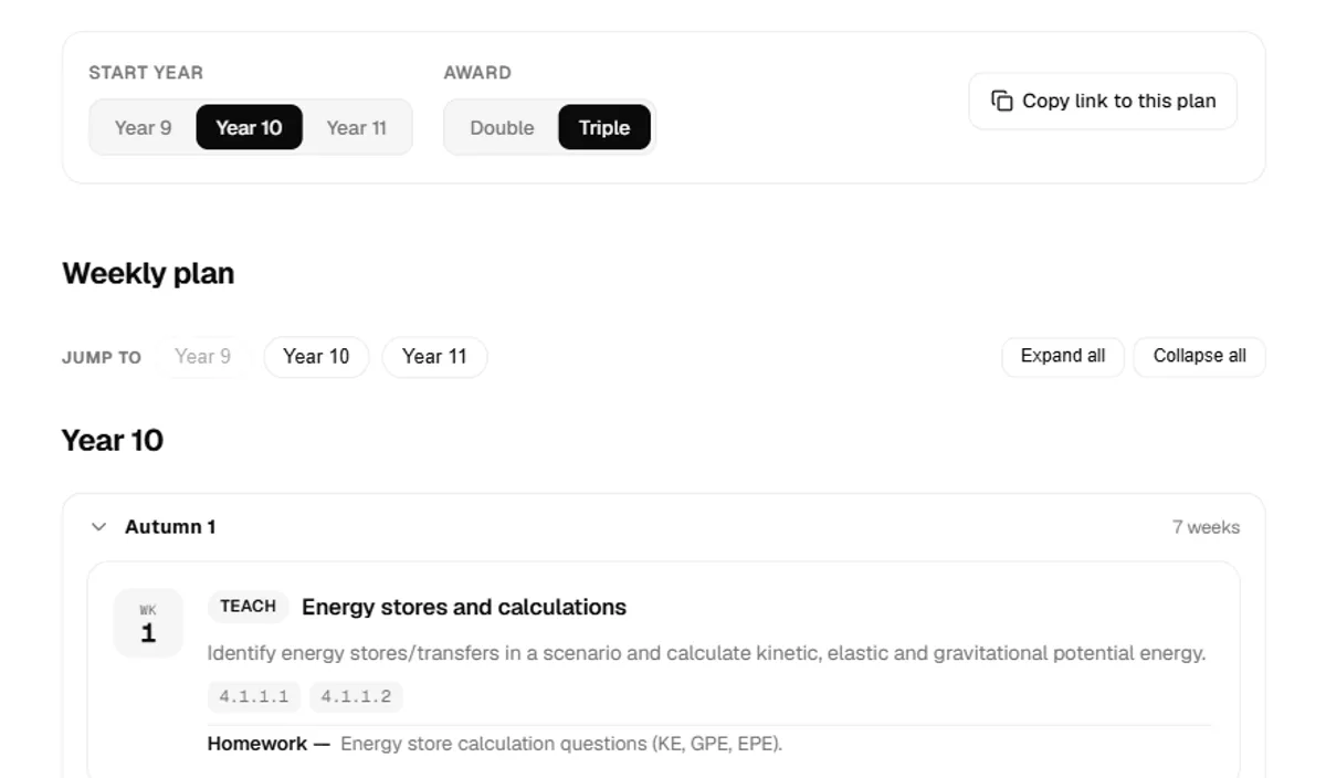 The GCSE Physics curriculum page showing the Year 10, Triple Science weekly lesson plan