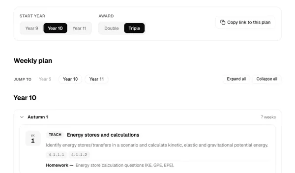 The GCSE Physics curriculum page showing the Year 10, Triple Science weekly lesson plan