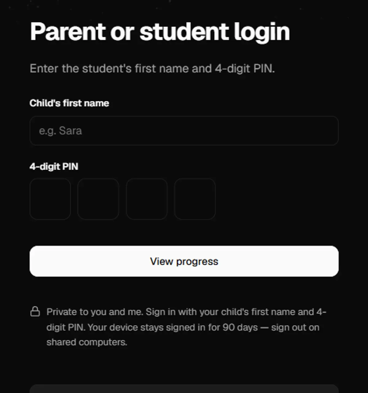The parent login screen, asking for a child's first name and a 4-digit PIN
