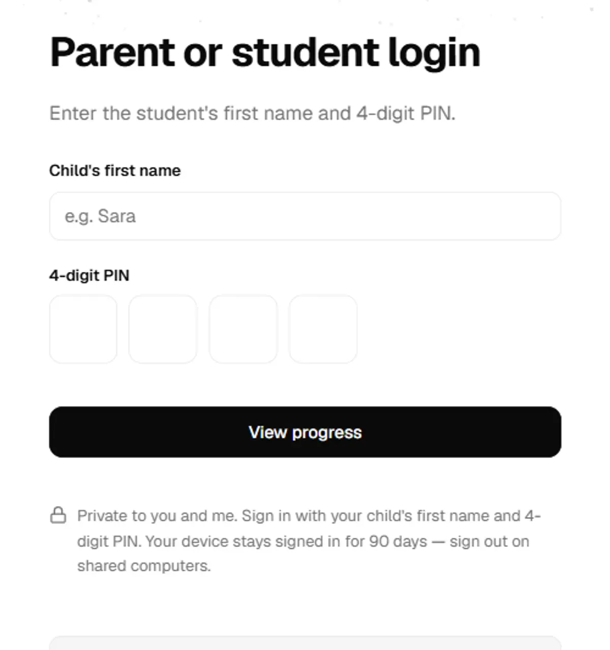 The parent login screen, asking for a child's first name and a 4-digit PIN