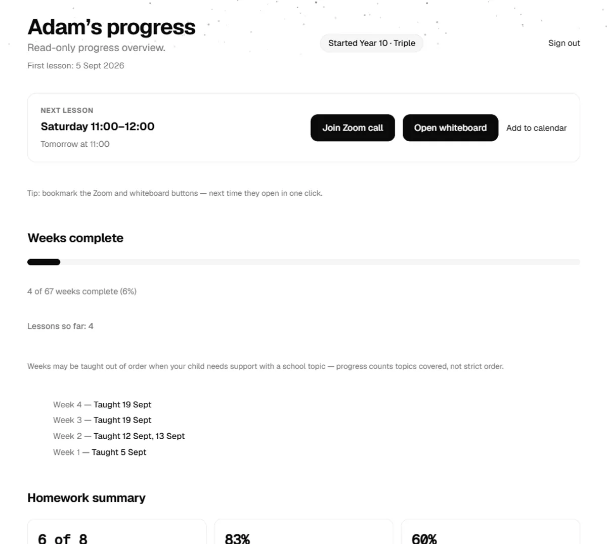 A parent's tracker view showing the next lesson with join buttons, weekly progress, and recent homework marks